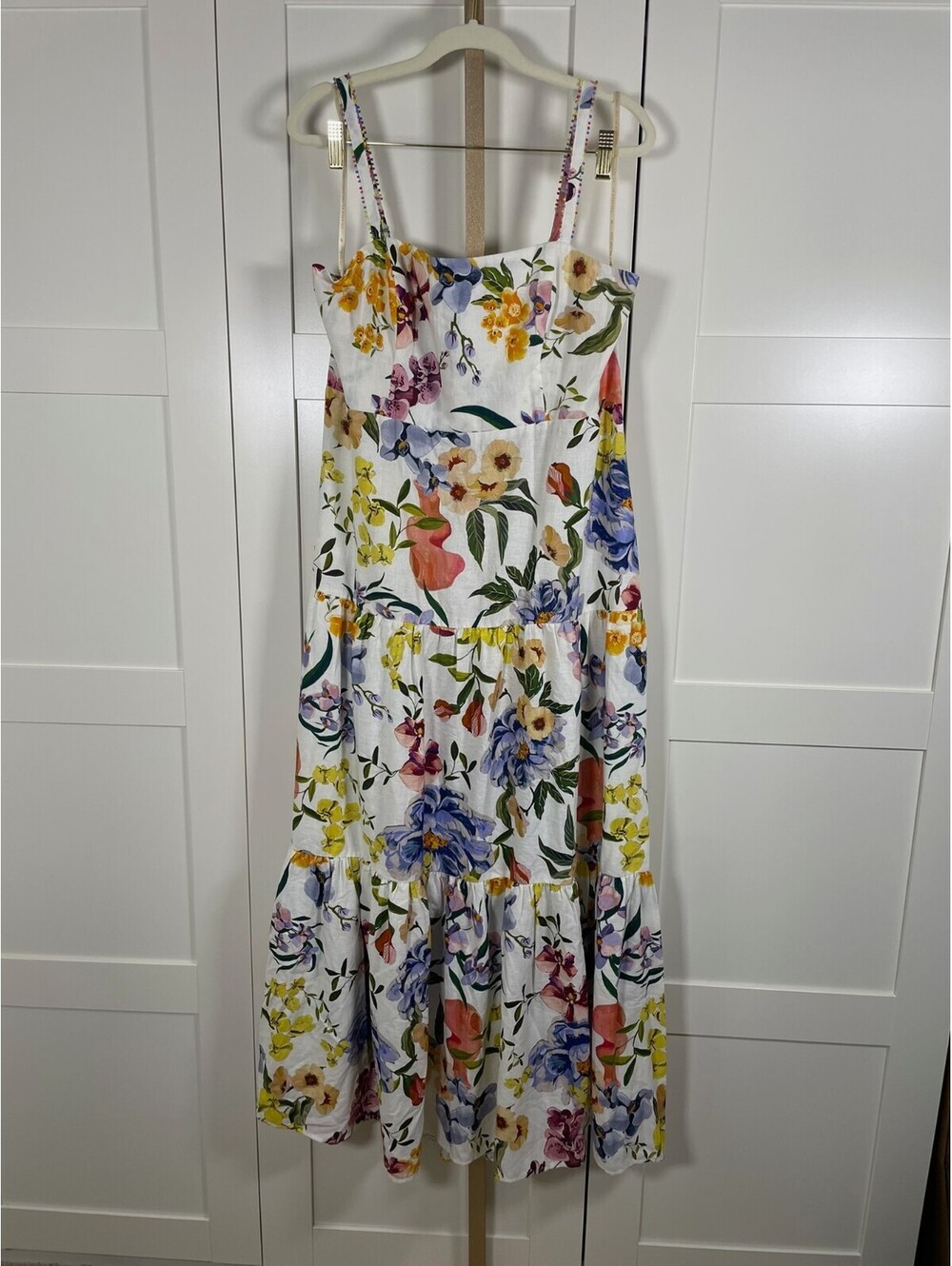 FARM Rio Greek Garden Tiered Linen Blend Maxi Dress White Floral XL NWT - Picture 3 of 8